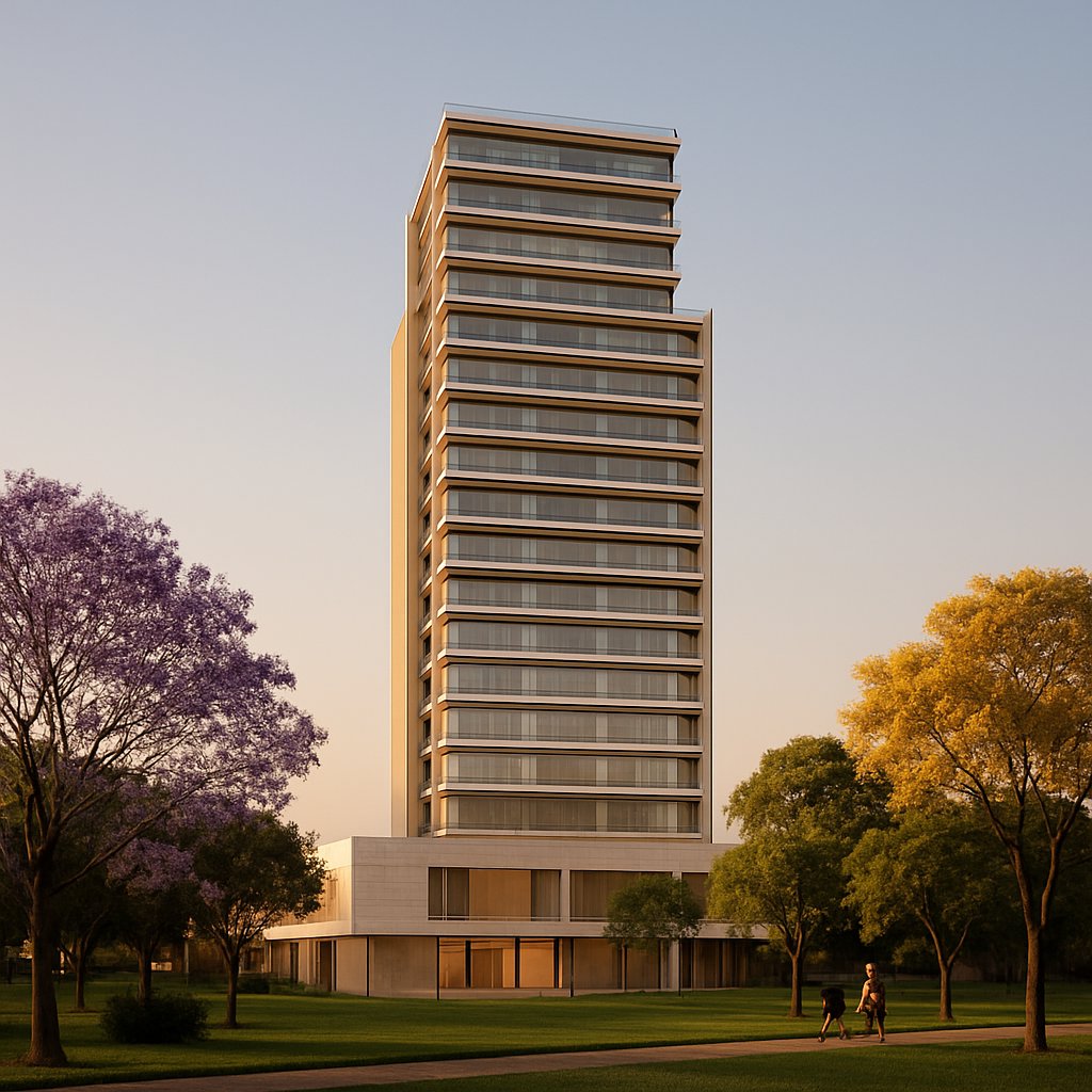 Fachada frontal da torre vista do parque — maquete 3D fiel