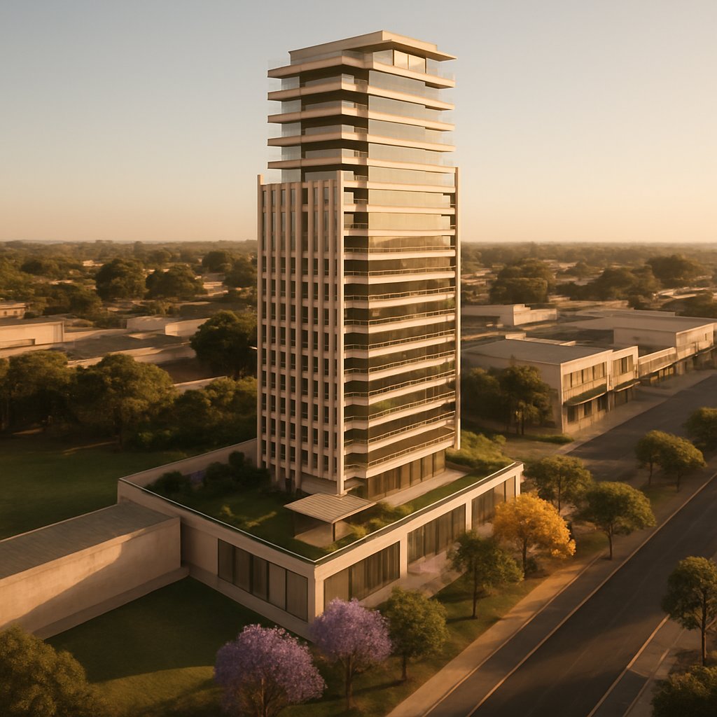 Vista aérea da torre com a piscina do rooftop e o jardim suspenso