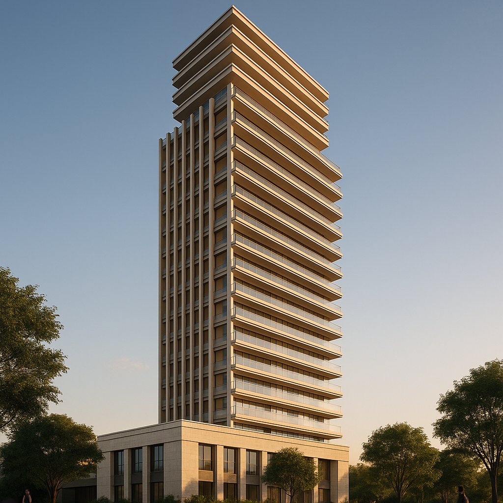 Esquina baixa da torre: brises verticais na face curta, fitas horizontais na face do parque