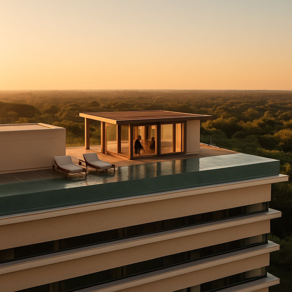 Rooftop com piscina de borda infinita, pérgola e bar