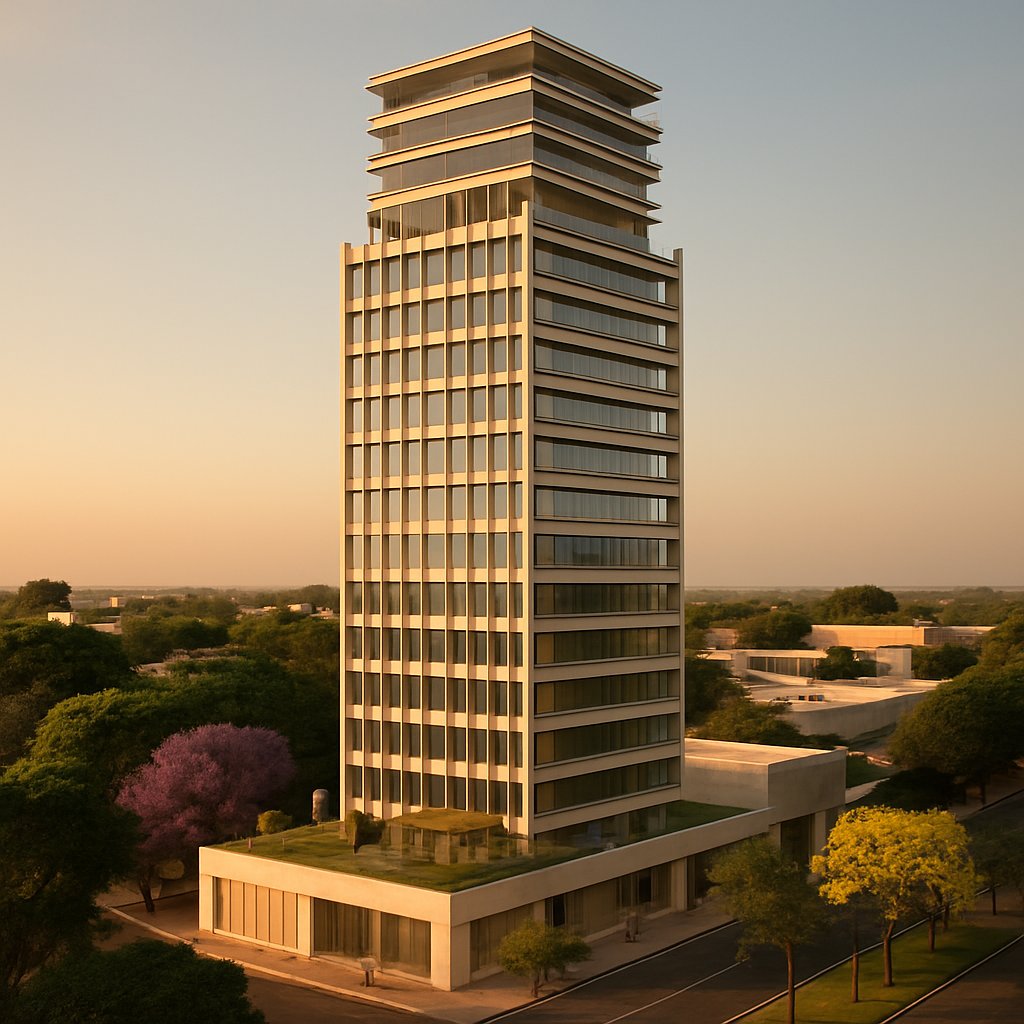Torre Altezza vista três-quartos nordeste: pódio com jardim suspenso, lâmina com fitas horizontais e coroa recuada, ao entardecer