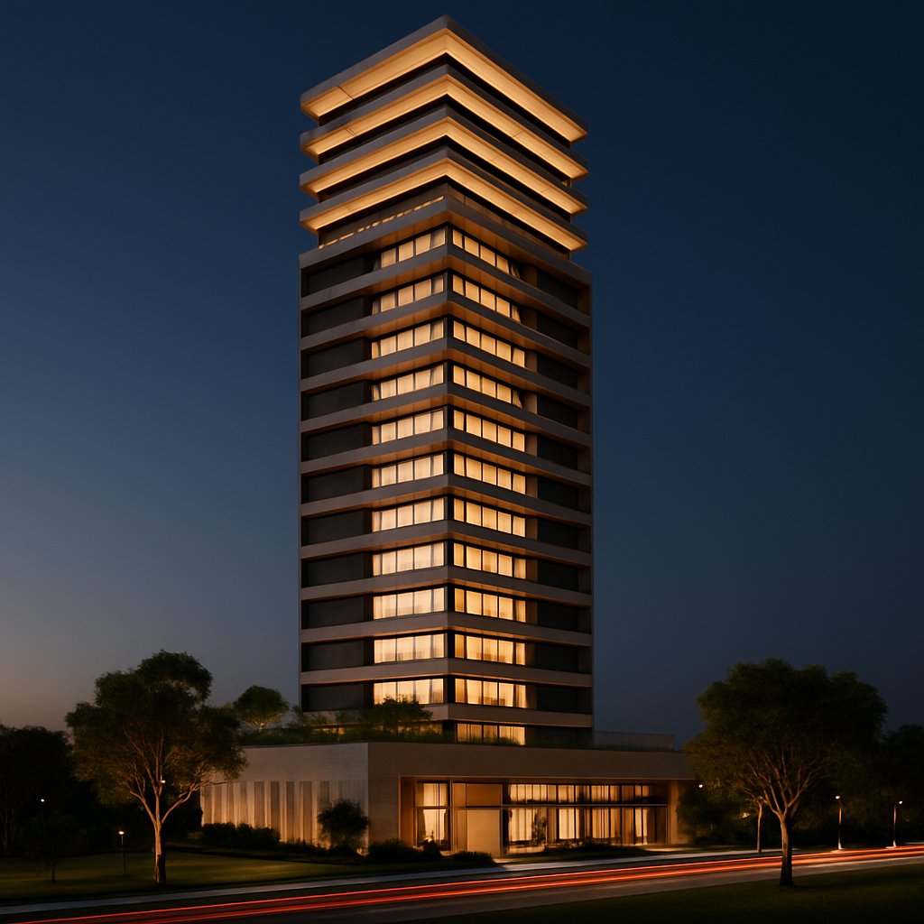 Torre ao anoitecer, coroa iluminada