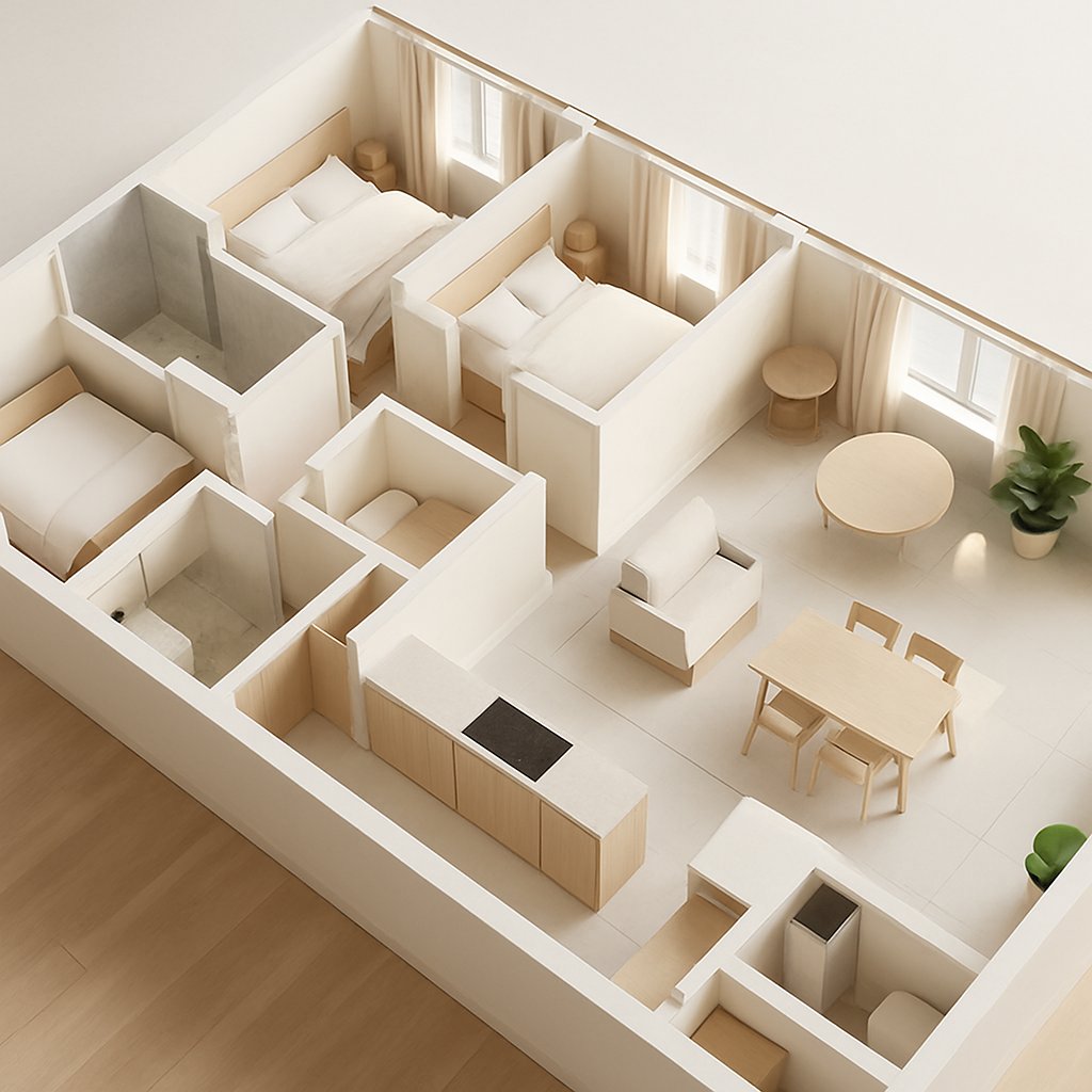 Dollhouse 3D da planta B · 108 m² · 3 quartos